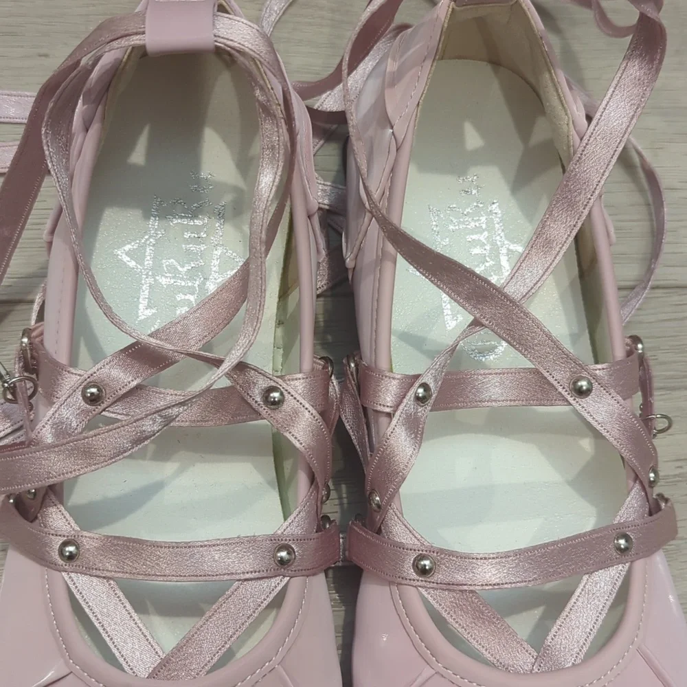 Lolita Lace Up Pink Ballet Flats - Picture 3 of 10
